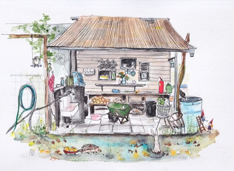 Woeste Kitchen, 2021. (23,5 x 31,5 cm) Watercolor, graphite, pen & ink. Outdoor kitchen with sink, wheelbarrow, hedgehogs, bunny, elves and garen hose.